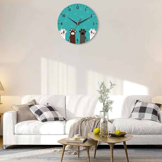 SPUNKER Wall Clocks,Cute Cat Paw Wall Clocks for Living Room Decor,Animal Print Kitchen Clocks Wall Battery Operated - 10 Inch Round Bathroom Wall Clock Silent Non-Ticking