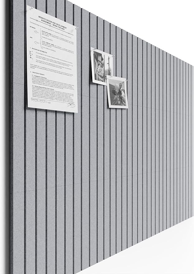Bumusty Large Cork Board Alternative-48 x 36" Felt Bulletin Board Tiles, with 30 Pushpins, 70 Adhesive Tabs, 12-Pack Slat Wall Paneling, Cork Boards for Office Push Pin Board Felt Board-Soft Gray