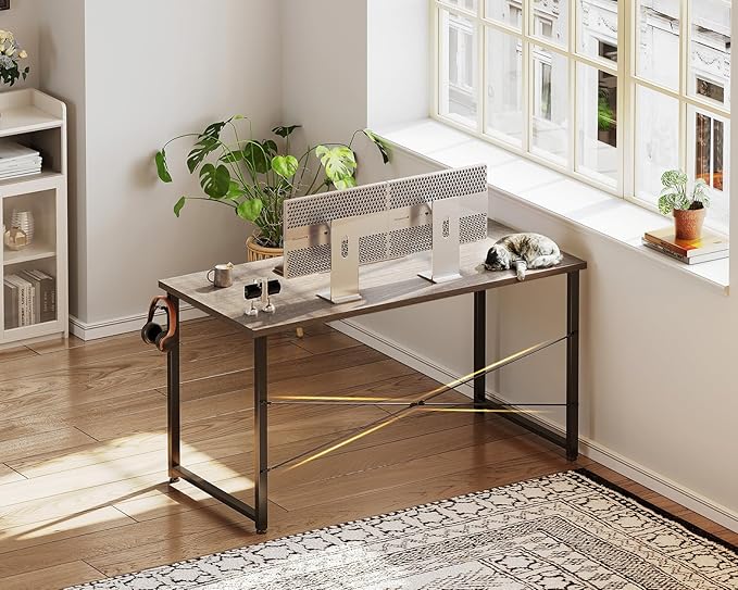 Casaottima 48 Inch Small Computer Desk for Home Office, Study Writing Table for Small Spaces, Simple Modern Desk with Headphone Hooks, Grey Oak
