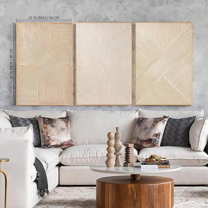Zessonic Large Textured 3D Wall Art Neutral Set of 3-24"x36" Hand-Painted Abstract Canvas Framed Paintings Brown for Living Room, Bedroom - Modern Minimalist Neutral Boho Decor