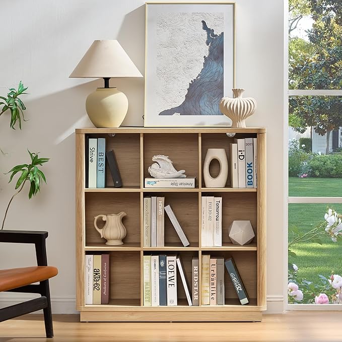 9 Cube Storage Book Shelf, 41" Tall Organizer Bookshelf with Curved Edge, Modern Floor Standing 3-Tier Cubby Bookcase with Base, Wood Display Book Case for Living Room, Home Office,Natural Oak