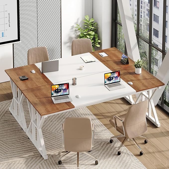TVU Computer Desk, 63 inch Large Office Desk, Study Writing Table with Thicken Frame, Gaming Desk, Modern Simple Desk for Home Office, Brown/White