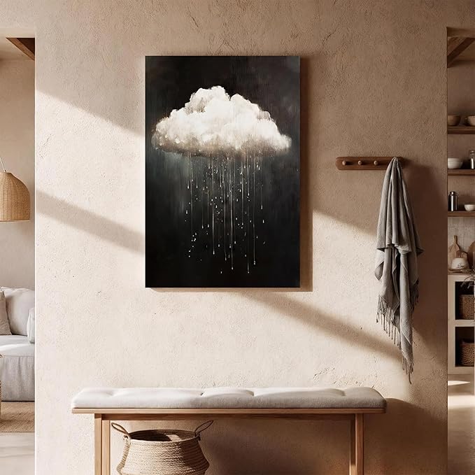 Framed Modern Abstract Canvas Prints Wall Art Vintage Rain Cloud Oil Painting Wall Art White Clouds in The Sky Nature Abstract Minimalist Home Artwork Decoration for Bedroom, Bathroom, Ready to Hang