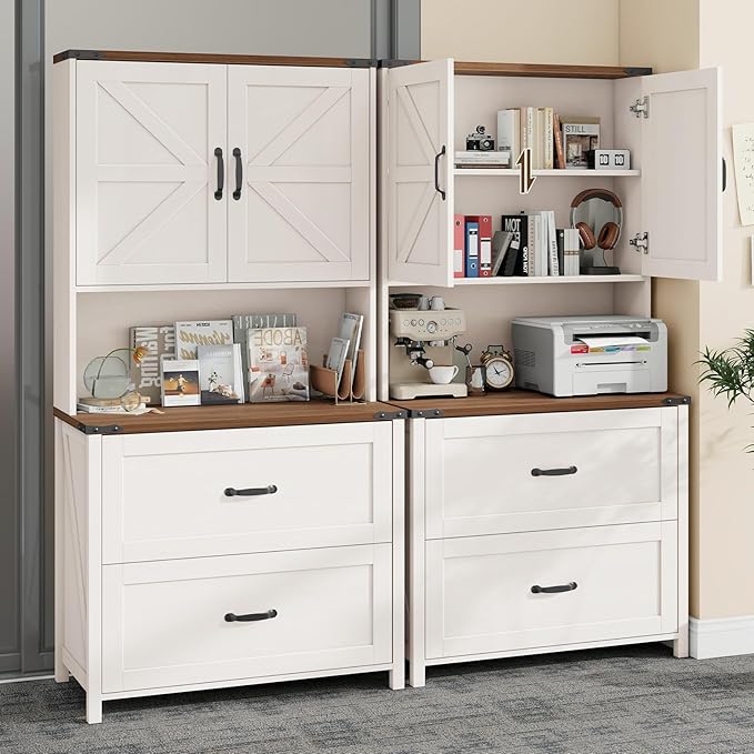 File Cabinet with 2 Drawer for Legal/Letter/A4 Size Hanging Files, Farmhouse Filing Cabinet with Adjustable Shelf, Large Wood File Cabinets for Home Office Printer Stand with Bookshelf, Rustic White