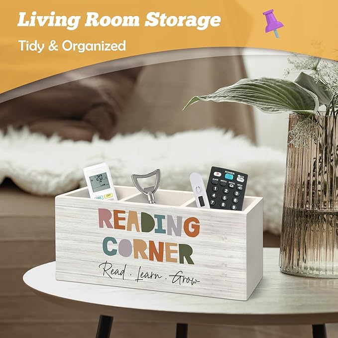 Boho Reading Corner Pen Holder Organizer for Desk Accessories, Boho Classroom Reading Wooden Box Desk Decorations for School Kids Room Bedroom Decor, Book Lovers Reader Bookish Gifts