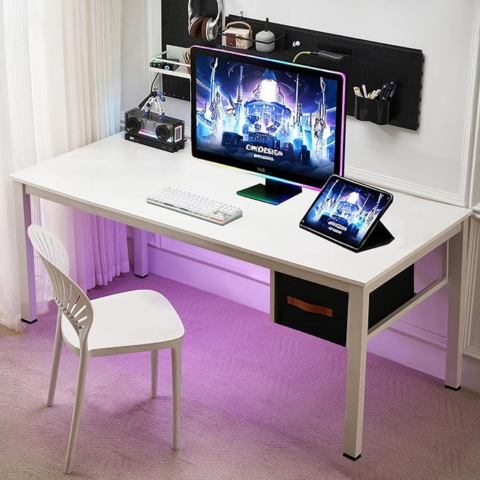 White Computer Desk with Drawer, 63 Inch Large Home Office Work Desks, Modern Writing Study PC Desk Gaming Table for Bedroom Home, Stable Thick Metal Legs Frame Support