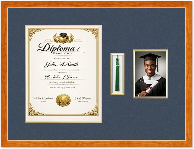 Diploma Tassel and Photo Shadowbox Fits 11 x 14 College Diploma (Portrait) with Tassel Ho Honey Oak Genuine Hardwood with Navy Blue Over Metallic Gold Double mat