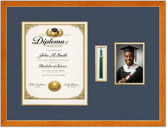 Diploma Tassel and Photo Shadowbox Fits 11 x 14 College Diploma (Portrait) with Tassel Ho Honey Oak Genuine Hardwood with Navy Blue Over Metallic Gold Double mat