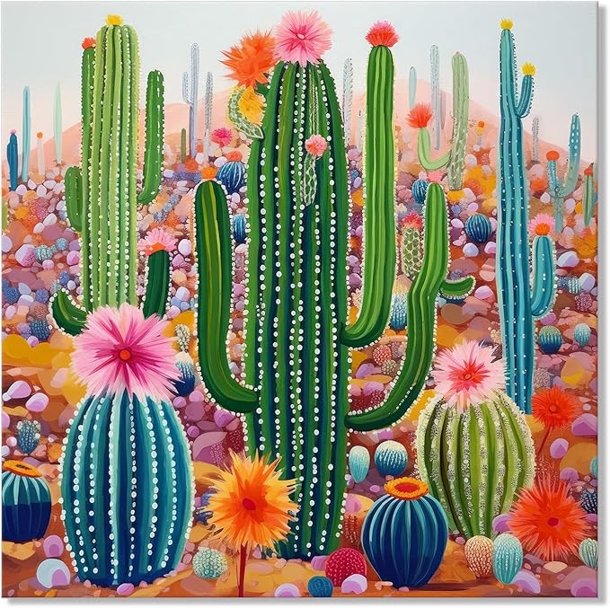 Goldfoilart Botanical Wall Art Framed Canvas - Boho Tropical Plant Print with Cactus & Succulents Green Floral Nature Artwork 24x24 Inch Ready to Hang for Bathroom Living Room Office
