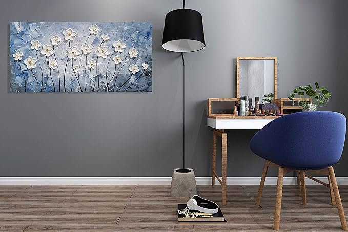YHSKY ARTS Enchanting 3D Hand-Painted White Floral Wall Art, Textured Floral Masterpiece Brings a Touch of Elegance and Natural Beauty to Any Home Space