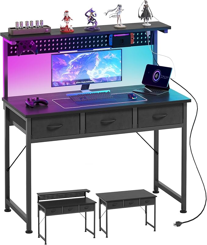 MUTUN Computer Desk with Drawers, 40 Inch Computer Desk with Power Outlet & LED Light, Gaming Desk with Adjustable Monitor Stand & Pegboard, Modern PC Study Writing Table for Bedroom, Black