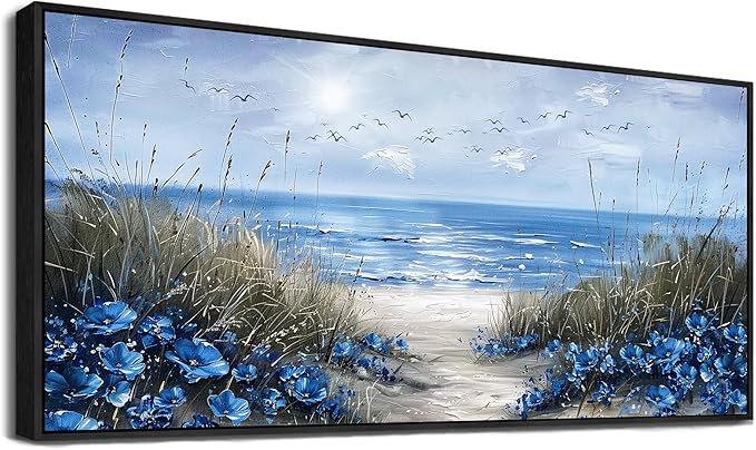 KELIYUAN Blue Ocean Wall Painting Wall Art For Living Room Large Canvas Wall Decor For Bedroom Office Decor Sea Wave Pictures Artwork Modern Beach Posters Aesthetic Home Decor Wooden Frame 32"X72"