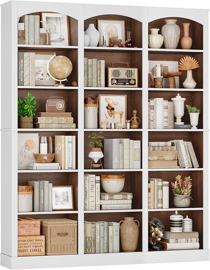 FACBOTALL 71" Triple Wide Bookshelf, 6 Tier Tall Bookshelf, Large Bookcase with Curved Baffle, 63.4" Wide Book Shelf with 18 Open Display Shelves for Living Room, Study, Walnut and White