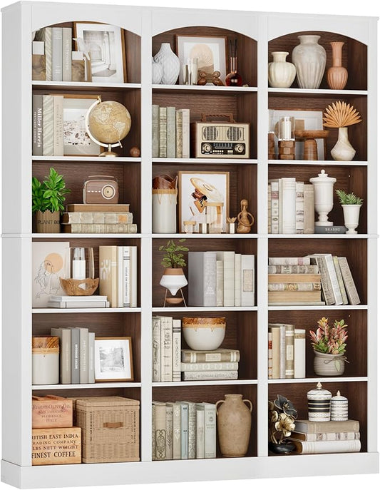 FACBOTALL 71" Triple Wide Bookshelf, 6 Tier Tall Bookshelf, Large Bookcase with Curved Baffle, 63.4" Wide Book Shelf with 18 Open Display Shelves for Living Room, Study, Walnut and White