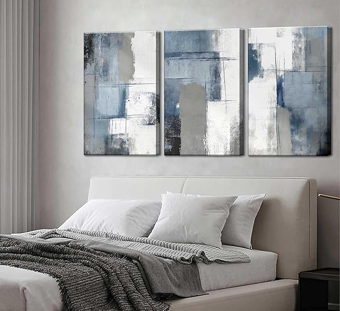 3 Pcs Navy Blue Abstract Canvas Wall Art Modern Minimalist Neutral Blue and Grey Paintings Pictures Wall Decor Poster Print Artwork for Living Room Bedroom Office Home Decoration