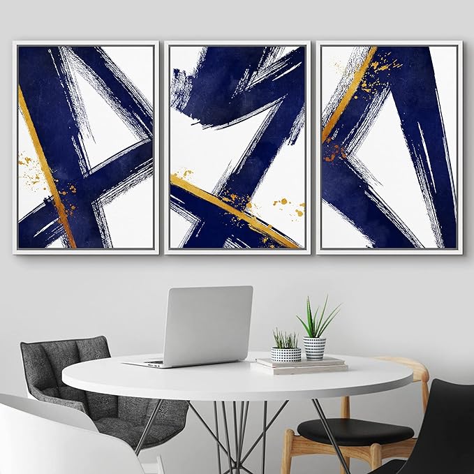 IDEA4WALL Framed Canvas Print Wall Art Set Blue Gold Geometric Graffiti Paint Stripes Abstract Shapes Illustrations Modern Art Contemporary for Living Room, Bedroom, Office - 24"x36"x3 White
