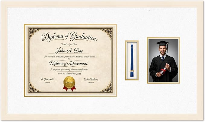 Diploma Tassel and Photo Frame Coastal Whitewash Shadowbox Oyster Shell Over Gold Mat - Fits 14 x 11 Degree Picture Made in the USA