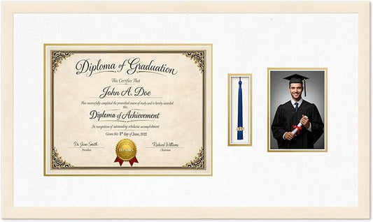Diploma Tassel and Photo Frame Coastal Whitewash Shadowbox Oyster Shell Over Gold Mat - Fits 14 x 11 Degree Picture Made in the USA