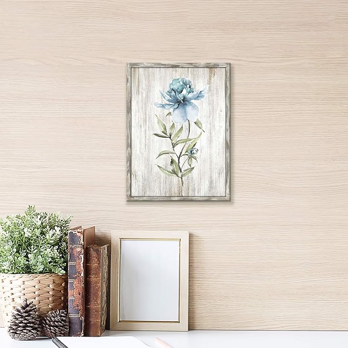 UTOP-art Wood Flower Wall Art Prints Blossom Floral Wall Decor Blue Picture on Rustic Wooden Textured Artwork Painting for Bedroom Small Panel office artwork wall decor