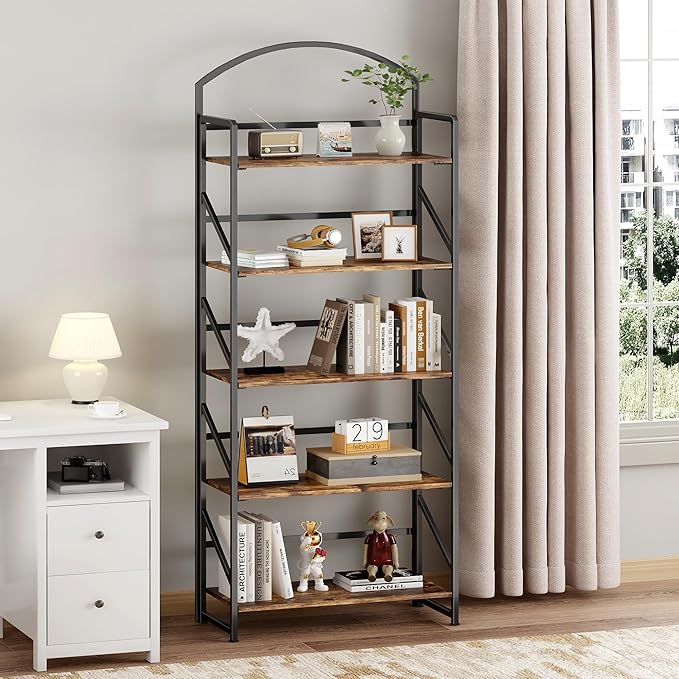 BHG Arched Bookshelf 5 Tier Shelf Storage Organizer Bookcase,No Assembly Folding Book Shelf for Living Room,Bedroom Home Office Rack Bookhelves