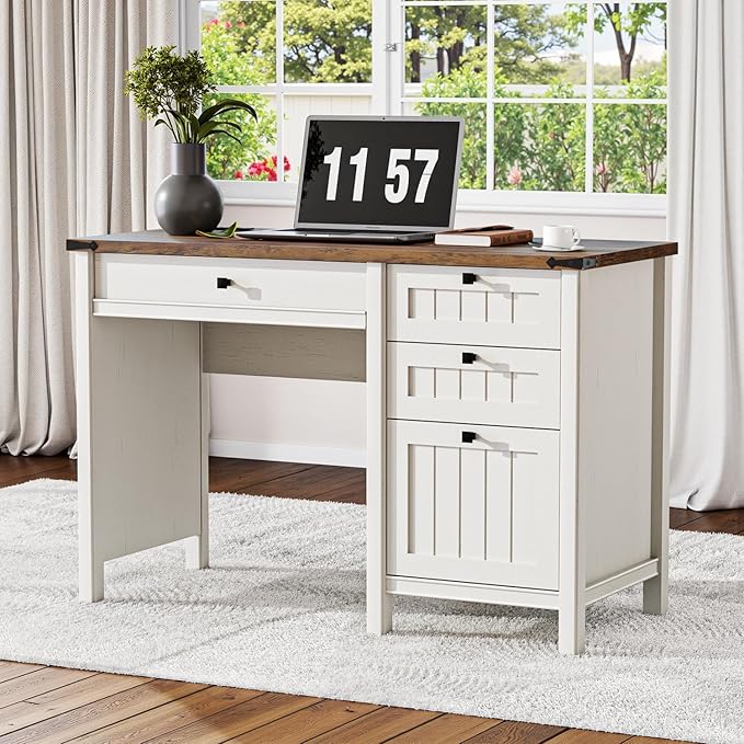 Farmhouse Executive Desk 45 inch Computer Desk with 4 Drawers, Smart Charging Station, Home Office & Study Room Essential for Remote Workers, Professionals & Students.Antique White
