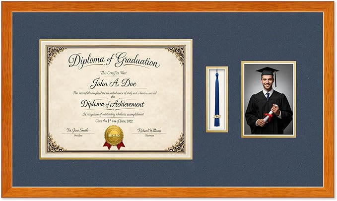 Diploma Tassel and Photo Frame Honey Oak Shadowbox Navy Blue Over Gold Mat - Fits 14 x 11 Degree Picture Made in the USA