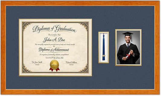 Diploma Tassel and Photo Frame Honey Oak Shadowbox Navy Blue Over Gold Mat - Fits 14 x 11 Degree Picture Made in the USA