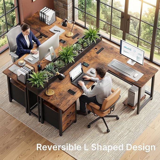 Gizoon 66 Inch L Shaped Desk with Drawers, Reversible Corner Computer Desk with Power Outlets, Home Office Desk with Moveable CPU Stand, Large Gaming Desk, Rustic Brown