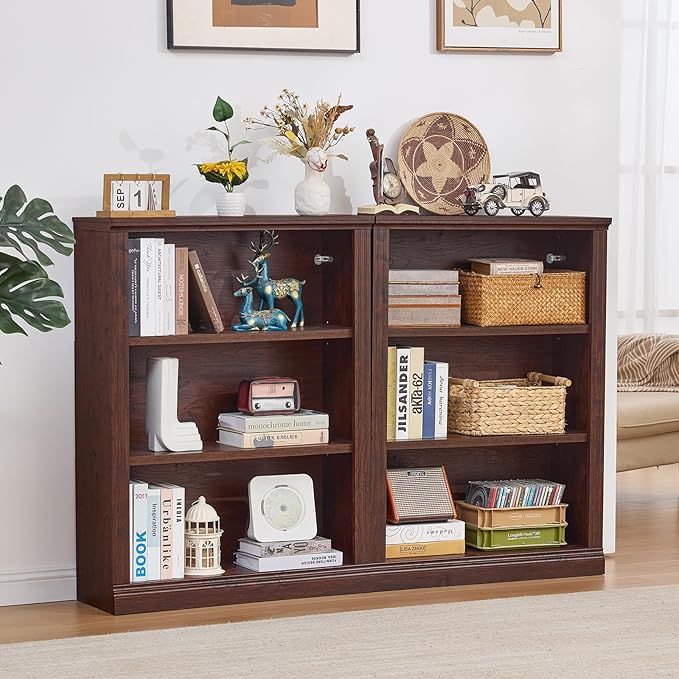 43" Walnut Tall Bookshelf,3-Tier Thick Wooden Book Shelf with Adjustable Shelves,Free Standing Farmhouse Bookcase with Open Display Storage,Floor Vintage Bookshelves for Living Room,Office