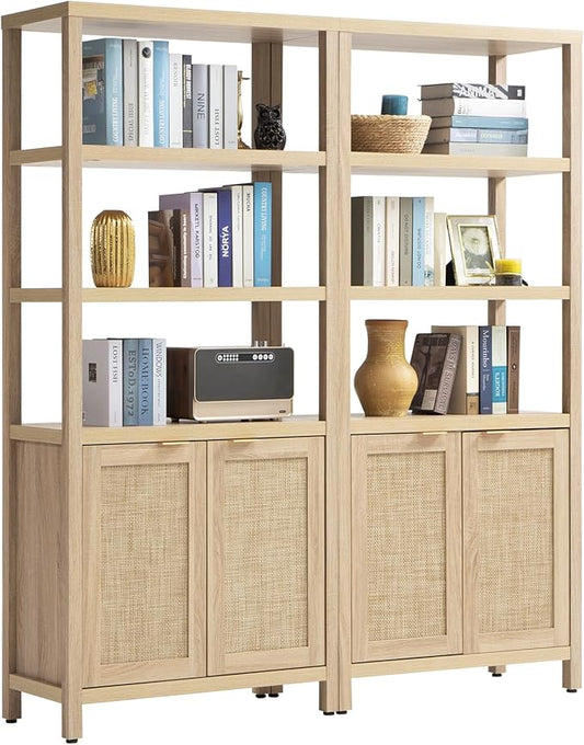 SICOTAS Bookshelf 5 Tier Book Shelf Rattan Boho 71" Tall Bookcase with Doors Storage Shelves Large Bookshelves Farmhouse Bookcases Library Book Case for Living Room Bedroom Home Office Kitchen