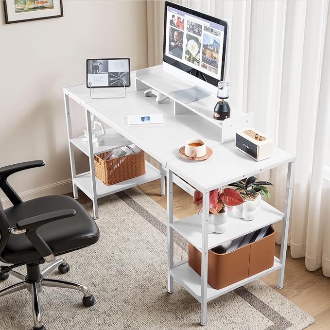 Computer Desk 55-inch with Storage Shelf - White Ideal Gaming Desk for Bedrooms, Small Spaces, and Home Offices Modern Writing Desk for PCs.