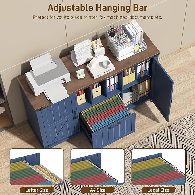 Vabches Lateral File Cabinet with File Drawer, Farmhouse Filing Cabinet with Storage Shelves for Legal/A4/Letter Size Hanging Files, Large Modern Printer Stand for Home Office (Navy Blue and Brown)