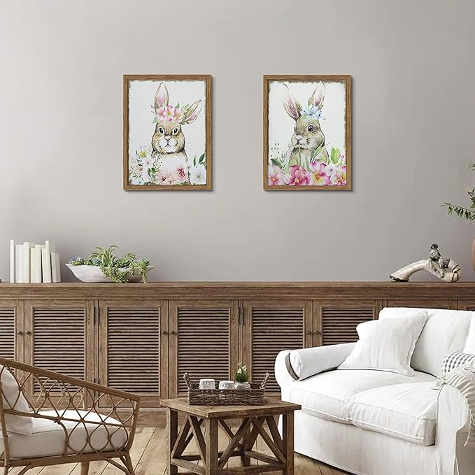 Framed Vintage Easter Wall Art Decor, Easter Bunny Picture Wall Decorations Set of 2, Spring Rustic Rabbit Poster Prints Painting for Kids Room Living Room Bedroom 12x16 Inch