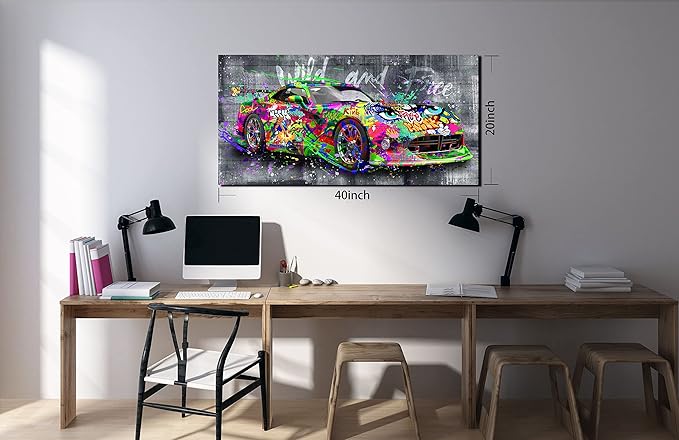 SIXTTART Graffiti Car Wall-Decor - Banksy Canvas Wall Art for Bedroom - Teen Boy Room Decor Ready To Hang Size 40" x 20"
