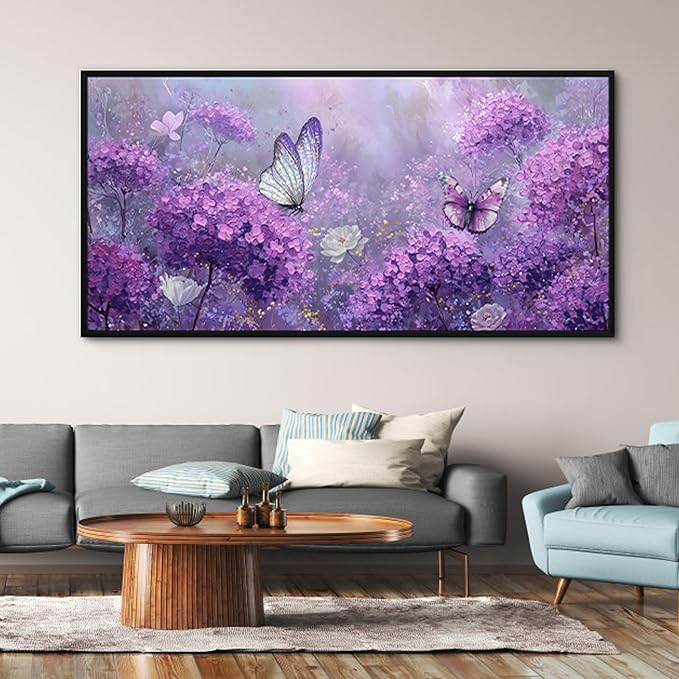 yiijeah Purple Wall Art Bedroom Canvas Lavender Bathroom Decor Butterfly Picture Items for Women Framed Artwork Print 58x29 Inches
