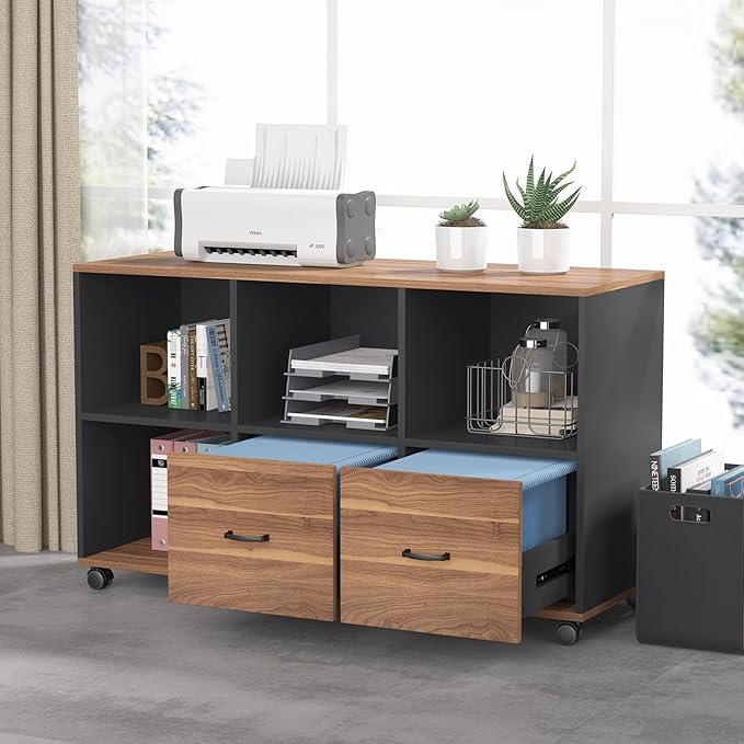 Tribesigns 2 Drawers Lateral File Cabinets, Home Office 47-inch Mobile Wood Filing Cabinet Printer Stand with Wheels and Open Storage Shelves,Drawers for Letter Size (Brown)