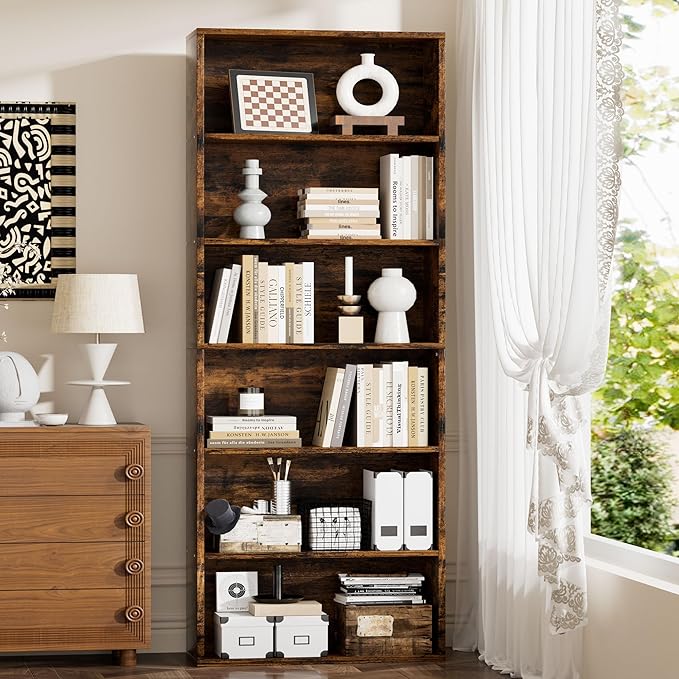 JAMFLY Narrow Tall Bookshelf 6 Shelf Bookcase Vertical Storage, Slim Profile Tall Narrow Storage Unit for Home Office, Living Room, Bedroom, Vintage Brown, Set of 2