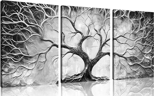 Tree Wall Art for Living Room - Modern Black and White Pictures Wall Art for Bedroom - 3 Piece Wall Decor for Office Size 12" x 16"