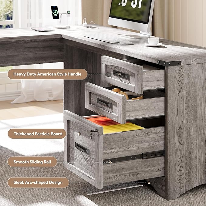 L Shaped Farmhouse Executive Desk with Drawers, 67" Home Office Desks with Fast Charging Station, Lockable File Cabinet, Wood Writing Computer Desk for Work, Study, Grey