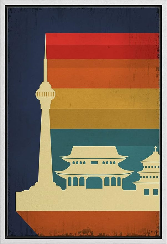 IDEA4WALL Framed Canvas Print Wall Art Retro Vintage Chinese Capitol Poster Cultural Building Illustrations Modern Art Contemporary Scenic Warm for Living Room, Bedroom, Office - 16"x24" WHITE