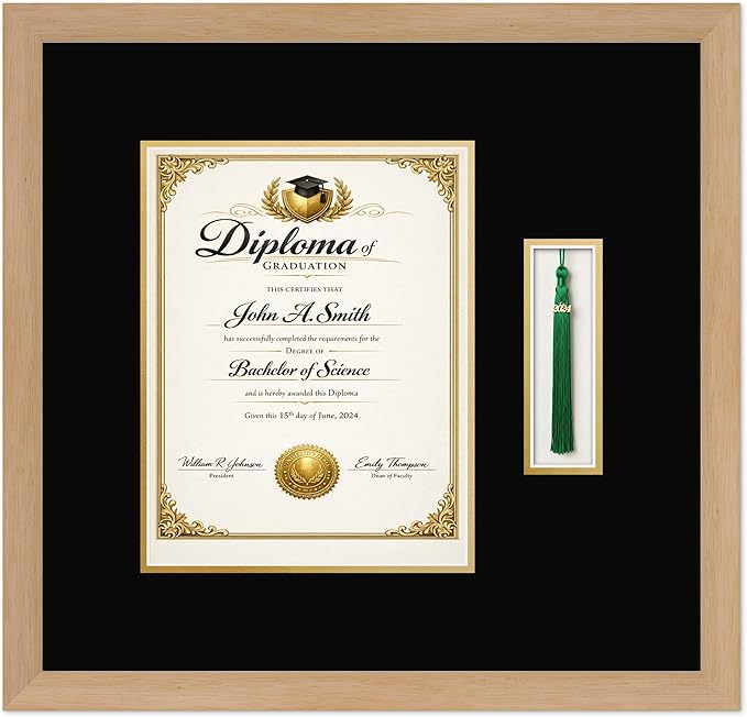 CountryArtHouse Diploma and Tassel Frame Fits 8.5 x 11 Certificate (Portrait) with Tassel Hook Natural Wood Genuine Hardwood Shadowbox with Black Over Metallic Gold Double mat