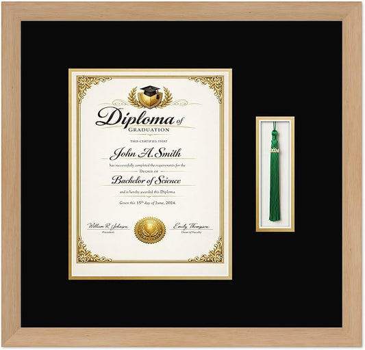 CountryArtHouse Diploma and Tassel Frame Fits 8.5 x 11 Certificate (Portrait) with Tassel Hook Natural Wood Genuine Hardwood Shadowbox with Black Over Metallic Gold Double mat