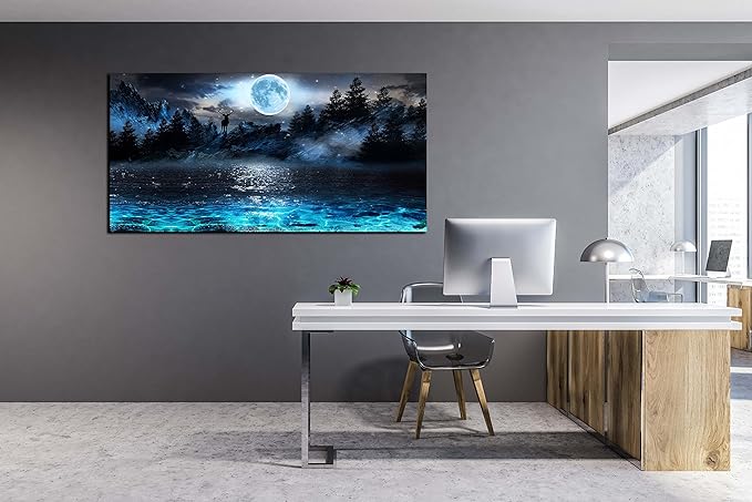 Moon Sea Ocean Wall-Art For Living Room Large Size - Blue Wall Decor For Bedroom - Forest Wall Art Ready To Hang 29" x 59"