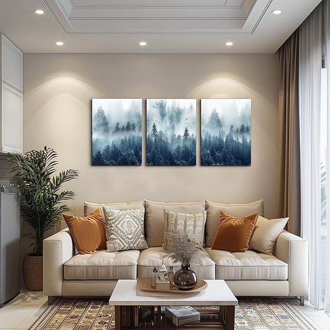 Misty Forests 3-Piece Framed Canvas Wall Art - Trees Landscape Pictures for Living Room, Bedroom, Office - Modern Wall Posters Home Decor