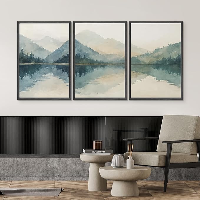 SIGNWIN Framed Canvas Print Wall Art Set Calm Lake Reflection Watercolor Mountain and Water Illustrations Modern Art Decorative Abstract for Living Room, Bedroom, Office - 24"x36"x3 Black