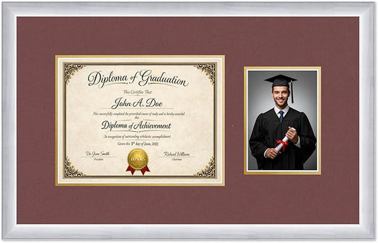 Diploma Frame With Photo Opening Stainless Silver Dark Red Over Gold Mat - Fits 11 x 8.5 Degree and Picture Made in the USA