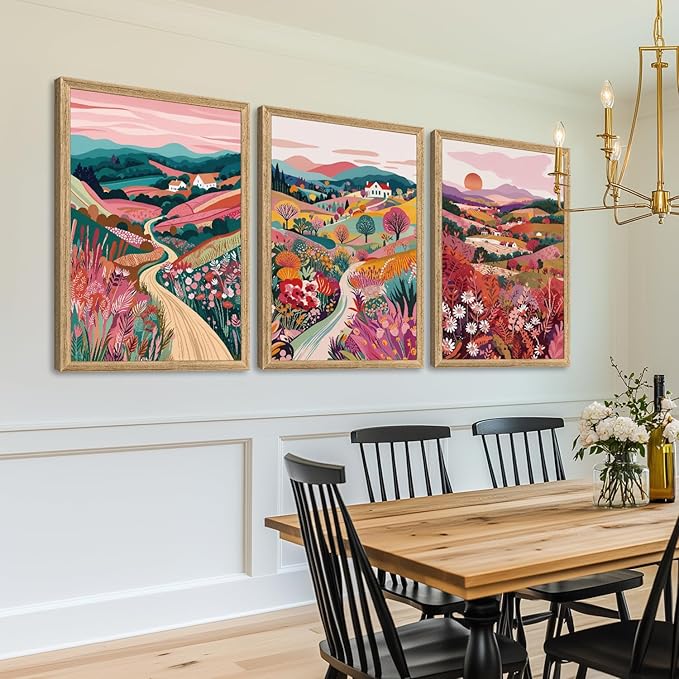 Hianan Colorful Boho Landscape Wall Art, Nature Watercolor Floral Wall Decor, Bright Mountain Water Canvas Painting, Modern Sunsets Landscape Poster Print For Living Room Bedroom Wood Framed 16"x24"x3