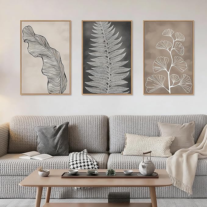 HLNIUC Botanical Neutral Framed Wall Art Set, Abstract Fern Leaf Canvas Wall Decor, Vintage Rustic Plant Wall Painting, Black Beige Nature Art Print for Living Room, Bedroom, Office - 16"x24"x3