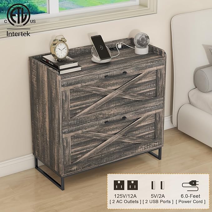 2 Drawer Lateral File Cabinet, Filing Cabinet with Charging Station for Letter/Legal/A4 Size Hanging Files, Modern Farmhouse File Cabinet for Home Office, Printer Stand with Storage, Dark Rustic Oak