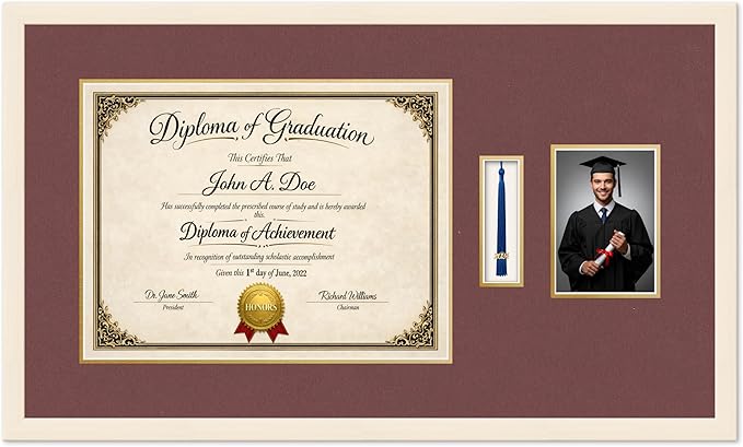 Diploma Tassel and Photo Frame Coastal Whitewash Shadowbox Dark Red Over Gold Mat - Fits 17 x 13 Degree Picture Made in the USA